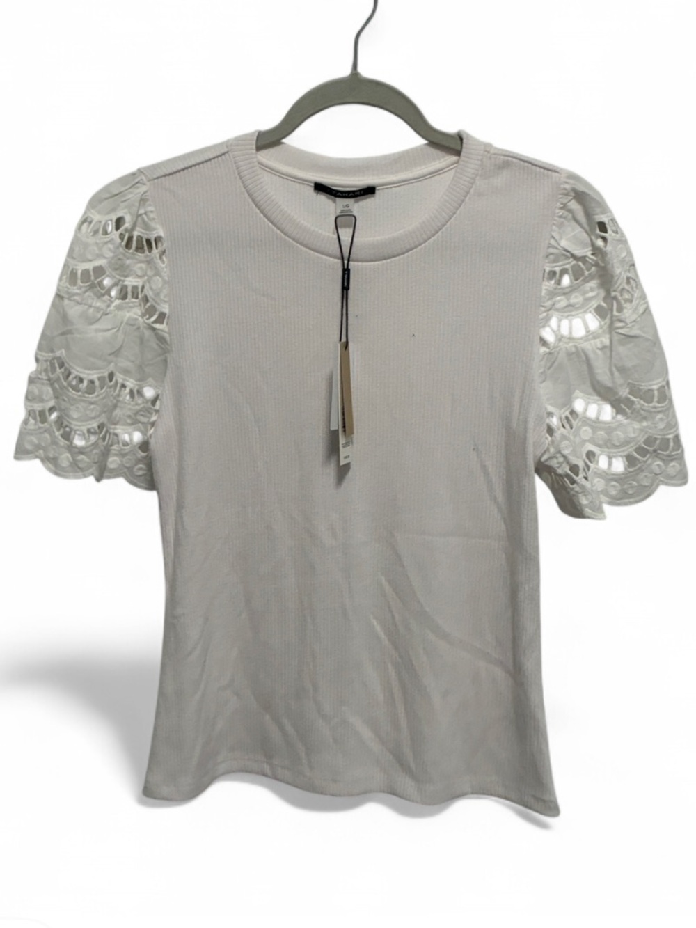 NWT T Tahari White Rib Knit Top with Crochet Puff Sleeves